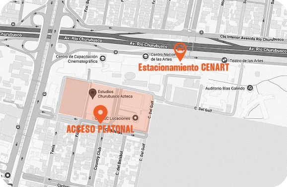 Mapa de Estudios Churubusco con el acceso peatonal y el estacionamiento CENART